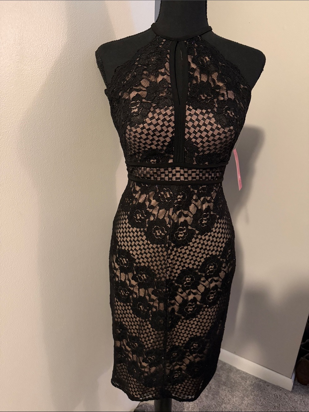 NWT Morgan and Co. Size 0 Black/Nude  Lace Halter Sheath Dress